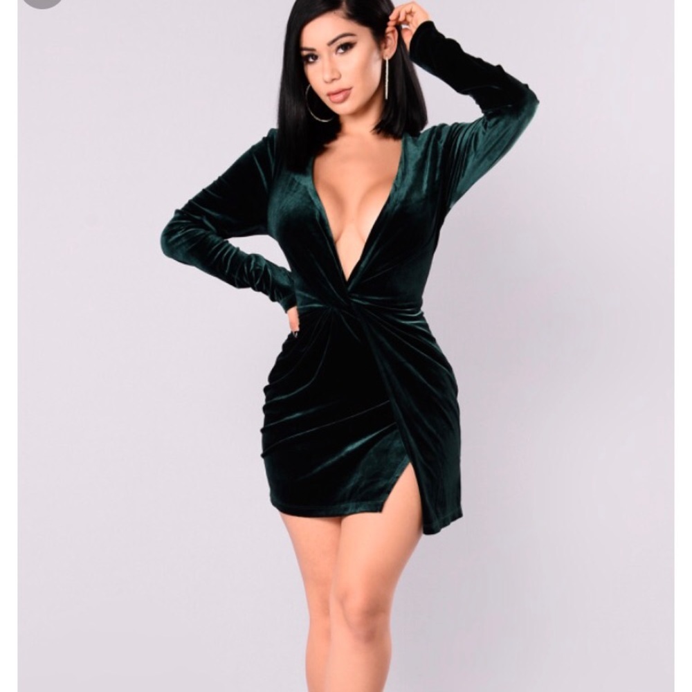 Green Velvet dress, low plunge.